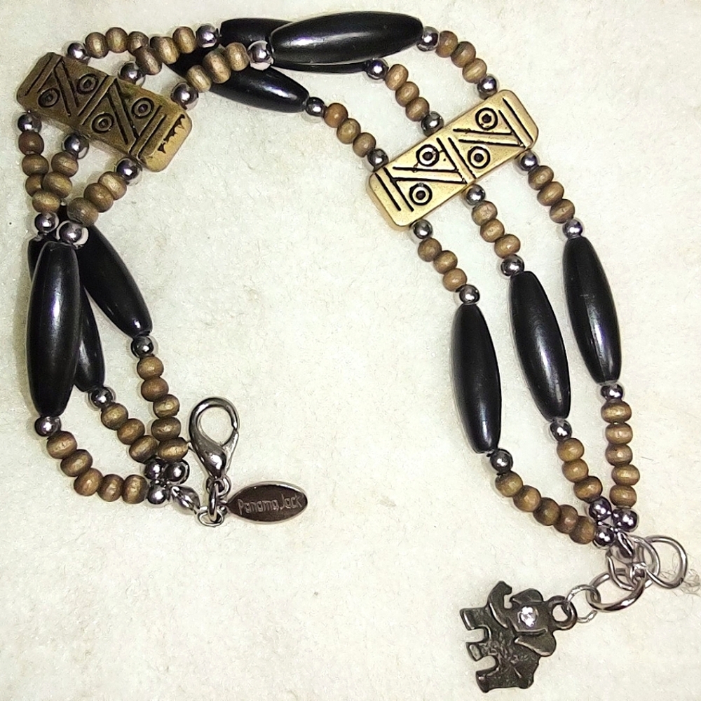 Tri-strand Black Beaded Wooden Beads Antique Gold Bracelet Elephant Charm